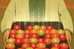 Illustration of a scientist holding a box of tomatoes overlaid with binary code and the letters C, G, A, and T.