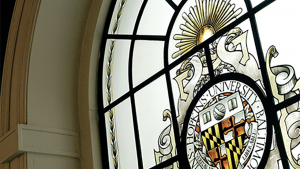 Stained glass of Johns Hopkins University seal