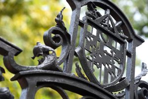 A gate featuring the Johns Hopkins academic seal.