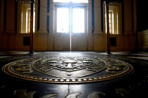 The Johns Hopkins University seal on the floor in Gilman Hall.