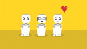 A rendering of three robots. The first is somber, the second wears a mask over its eyes and makes a surprised expression, and the third smiles and holds a heart-shaped balloon.