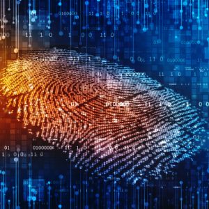 A digital image of code and a human fingerprint.