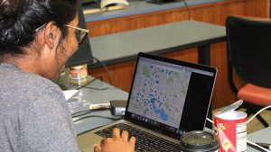 A student looks at a map on a laptop.