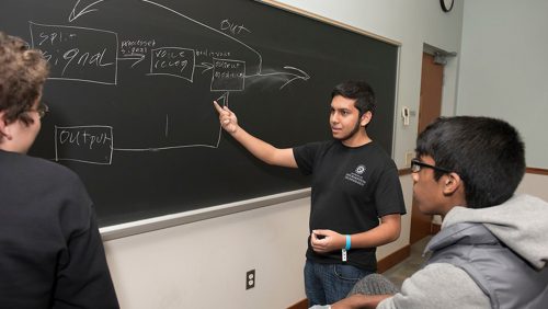 Students gesture to a blackboard.
