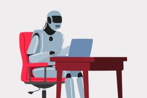 Cartoon image of a robot typing at a laptop.