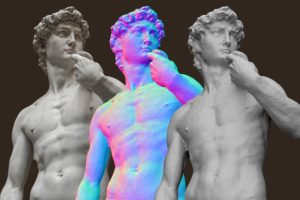 Three views of Michelangelo's David sculpture: original, RGB normal, and Neuralangelo rendering in gray.