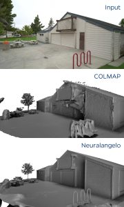 Comparison of the input image of a barn; the COLMAP representation with floating blobs, blurring, and noisy/missing surfaces; and Neuralangelo, which produces a pristine render.