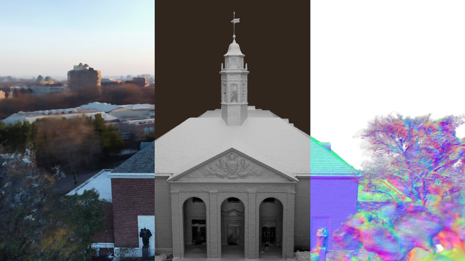 Three views of Shriver Hall: original, Neuralangelo rendering in gray, and RGB normal.