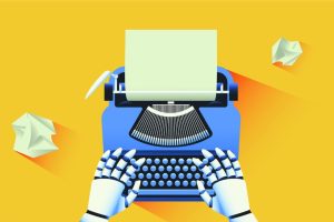 A pair of robotic hands types on a typewriter. The page in the typewriter is empty. Two crumpled pages lie beside the typewriter.
