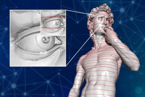 A 3D surface reconstruction of Michelangelo's David statue, segmented by red lines into slices. One slice around the right eye is magnified for better resolution.
