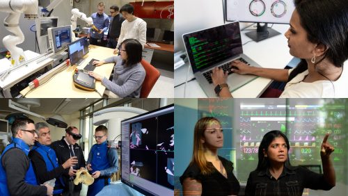 A composite of students in the Robotorium, a student working on a laptop in the Schatz Lab, LCSR faculty and students in the Mock OR, and Suchi Saria and a collaborator.