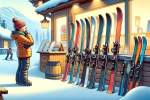 A cartoon of a man at a ski resort, standing outside the ski shop looking at skis.
