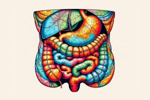 A colorful illustration of the abdominal organs, where each organ appears to contain a map.