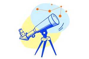 An illustration of a telescope pointed at connecting dots.