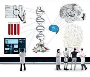 Illustration showing a double helix, a brain, researchers in lab coats, and a magnifying glass.