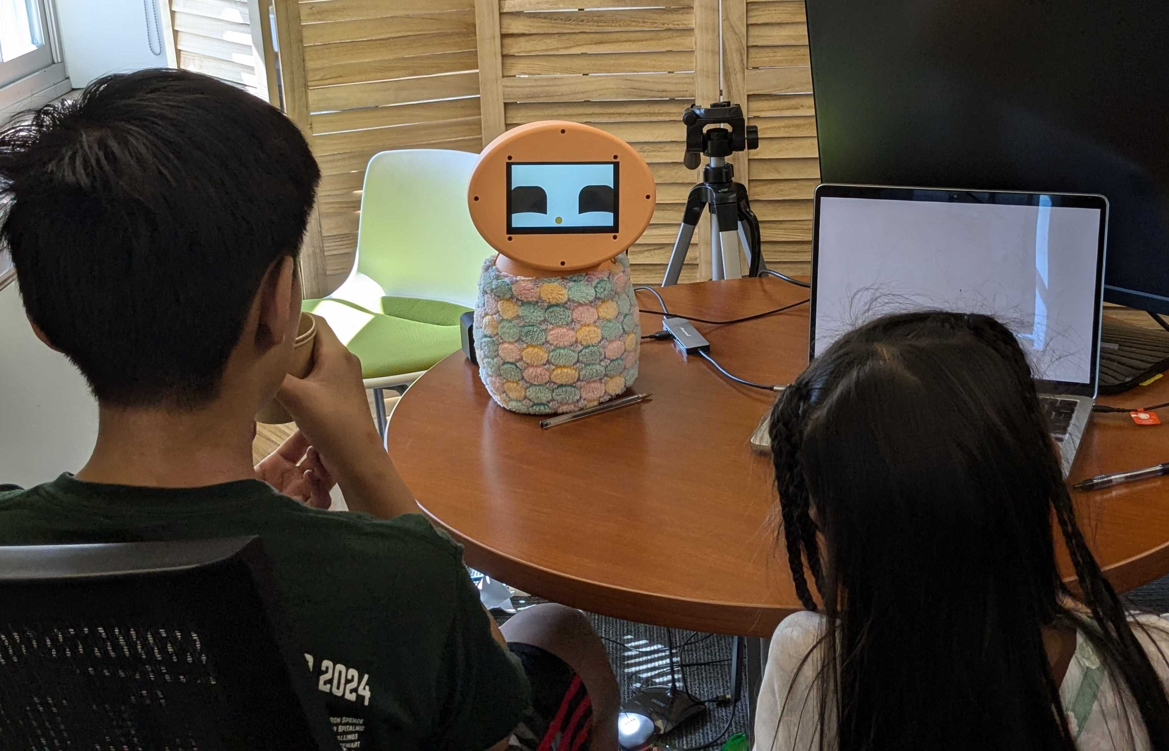 Two children facing away from the camera interact with a small robot with facial expressions wrapped in a soft cloth.