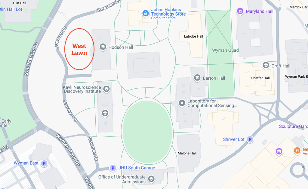 A map indicated the Hodson Hall West Lawn's location on the Homewood campus.