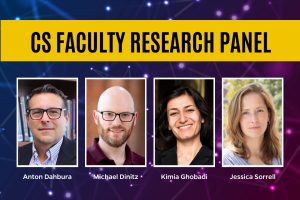 CS Faculty Research Panel. Labeled headshots of Michael Dinitz, Kimia Ghobadi, and Jessica Sorrell.