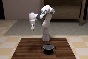 A 3D rendering of a robotic arm and a pot.