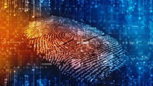 A digital image of binary code over a human fingerprint.