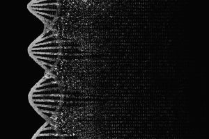Black-and-white illustration of DNA helix dissolving into binary code.