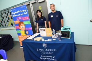 Lanjing Liu and Yaxing Yao pose behind a table reading Johns Hopkins Whiting School of Engineering Department of Computer Science and in front of a banner reading Digital Privacy What can you do?