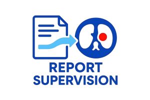 Graphic of a paper with an arrow pointing to a red dot in the right side of a set of stylized lungs. Report supervision.