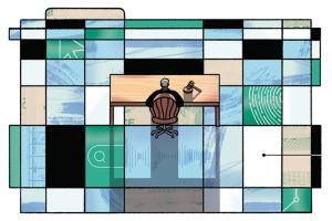 A top-down illustration of a man sitting at a desk over multicolored boxes.