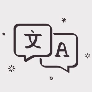 Speech balloons in black and white with multilingual characters.