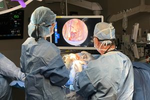 Patient setup, ventriculoscope, and ventriculoscopic display.
