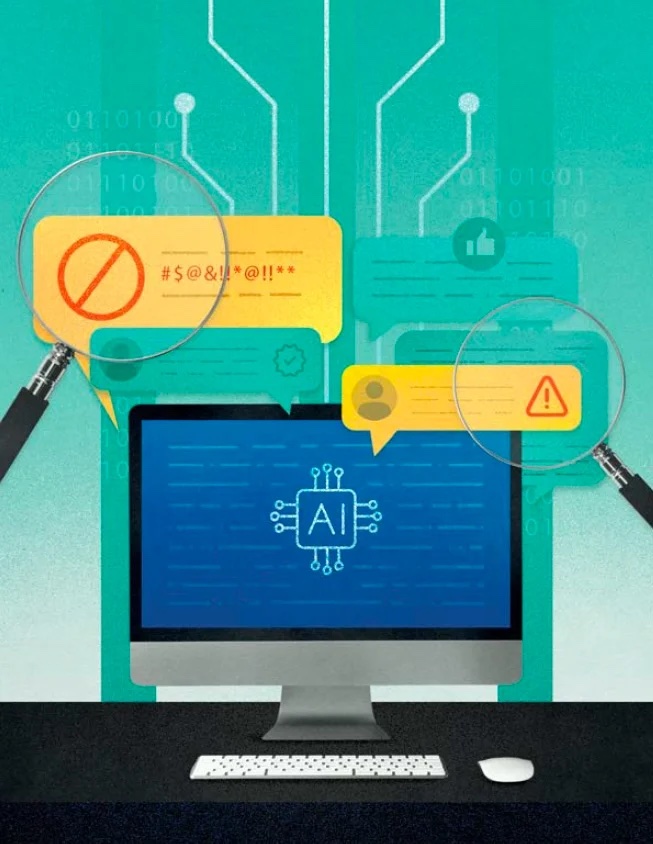 Illustration of magnifying glasses over speech bubbles with alerts on them, overlaid on a Mac-style computer with "AI" displayed on the screen.