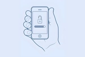 Illustration of a hand holding an iPhone displaying an open lock and a progress bar.