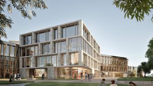 Concept rendering of a rectangular building with students milling outside.