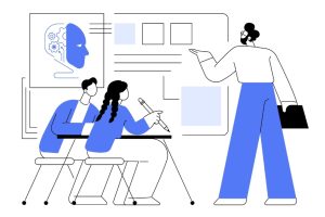 A cartoon of a teacher teaching two students with the help of AI.