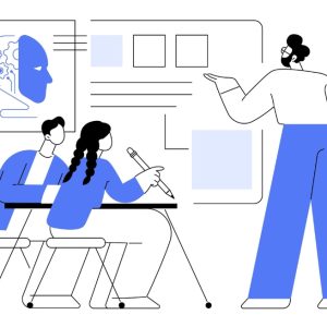 A cartoon of a teacher teaching two students with the help of AI.