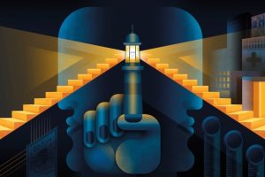 An illustration of a two-faced head holding up a finger that is a lighthouse, illuminating stairs on both sides of the head. There is a microchip on the left and hospital buildings on the right.