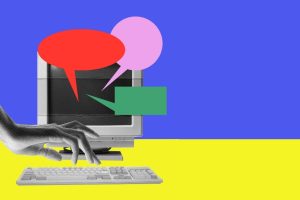 A hand types over a keyboard as empty cartoon speech bubbles come out of the computer.