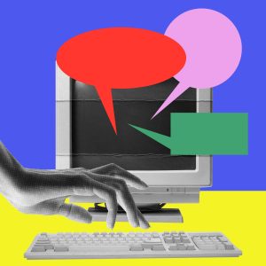 A hand types over a keyboard as empty cartoon speech bubbles come out of the computer.