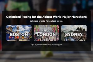 Screenshot of the tool user interface. Optimized Pacing for the Abbott World Major Marathons. Optimized by data. Personalized for you. 12 days until BOSTON. 18 days until LONDON. 143 days until SYDNEY. Tap a city above to start building your pacing plan.