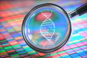 Magnifying glass enlarging an abstract digital illustration of DNA.