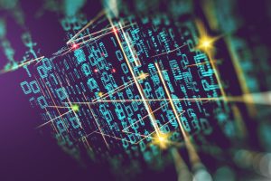 3D visualization of binary code and illuminated lines.