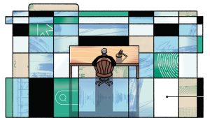 A top-down illustration of a man sitting at a desk over multicolored boxes.