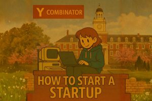Y Combinator. How to Start a Startup. A person in a hoodie typing on a laptop sitting on a brick wall next to an old-fashioned desktop in front of an AI-generated illustration of Johns Hopkins University.
