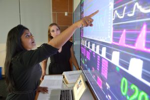 Suchi Saria and another researcher look at figures and graphs on a large computer screen.