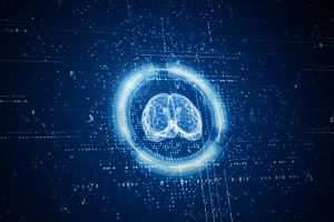 Illustration of a digital brain surrounded by 0s and lines.