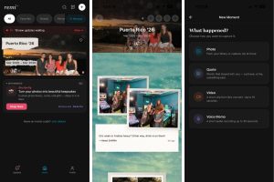 Three screenshots of the Remi UI showcasing the home page, an album, and creating a new moment.