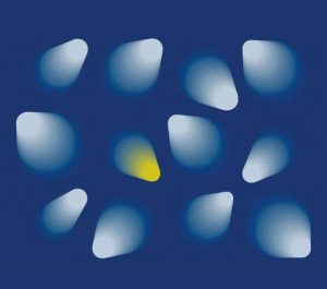 Illustration of white spotlight-like blobs and one yellow one on a dark blue background.