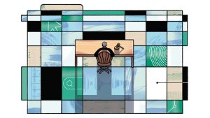 A top-down illustration of a man sitting at a desk over multicolored boxes.