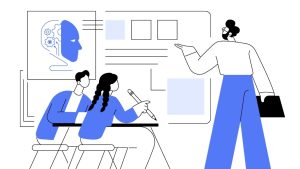 A cartoon of a teacher teaching two students with the help of AI.
