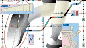 A cartoon drawing of feet running while surrounded by analytics information.